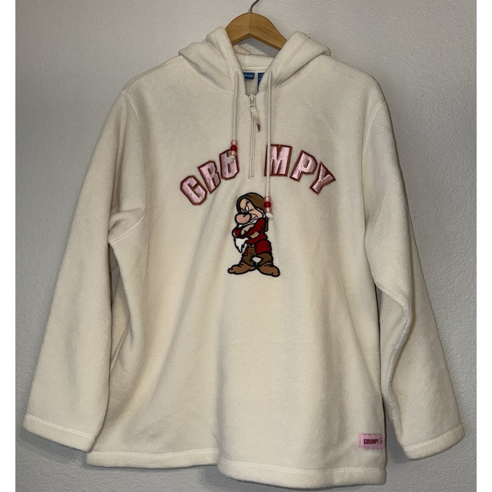 Disney Hoodie Women's Large Grumpy 1/4 Zip Fleece Embroidered Cartoon White Y2K